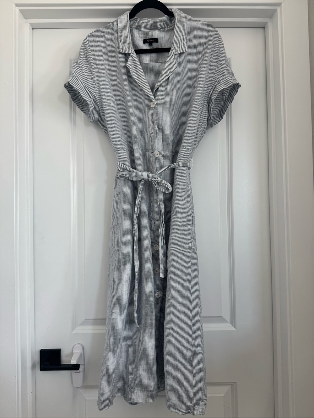 Quince Blue & White Pinstripe Linen Blend Midi Shirt Dress